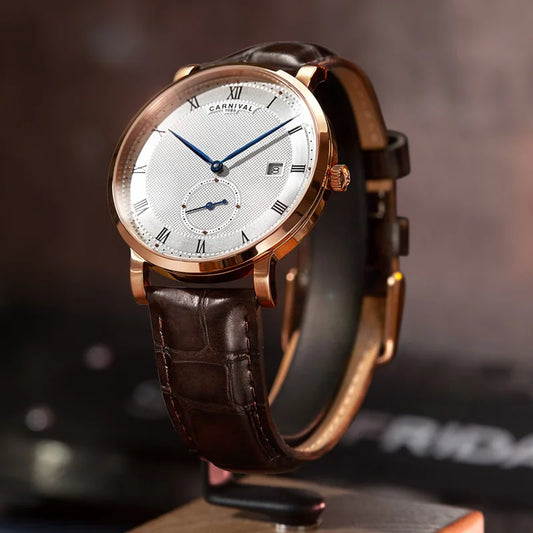 CARNIVAL Fashion Simple Automatic Mechanical Watches Men  Waterproof Watch Rose Gold Leather New