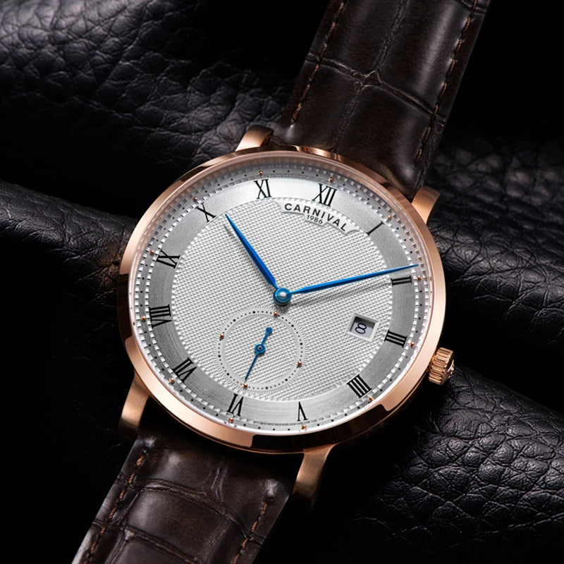 CARNIVAL Fashion Simple Automatic Mechanical Watches Men  Waterproof Watch Rose Gold Leather New