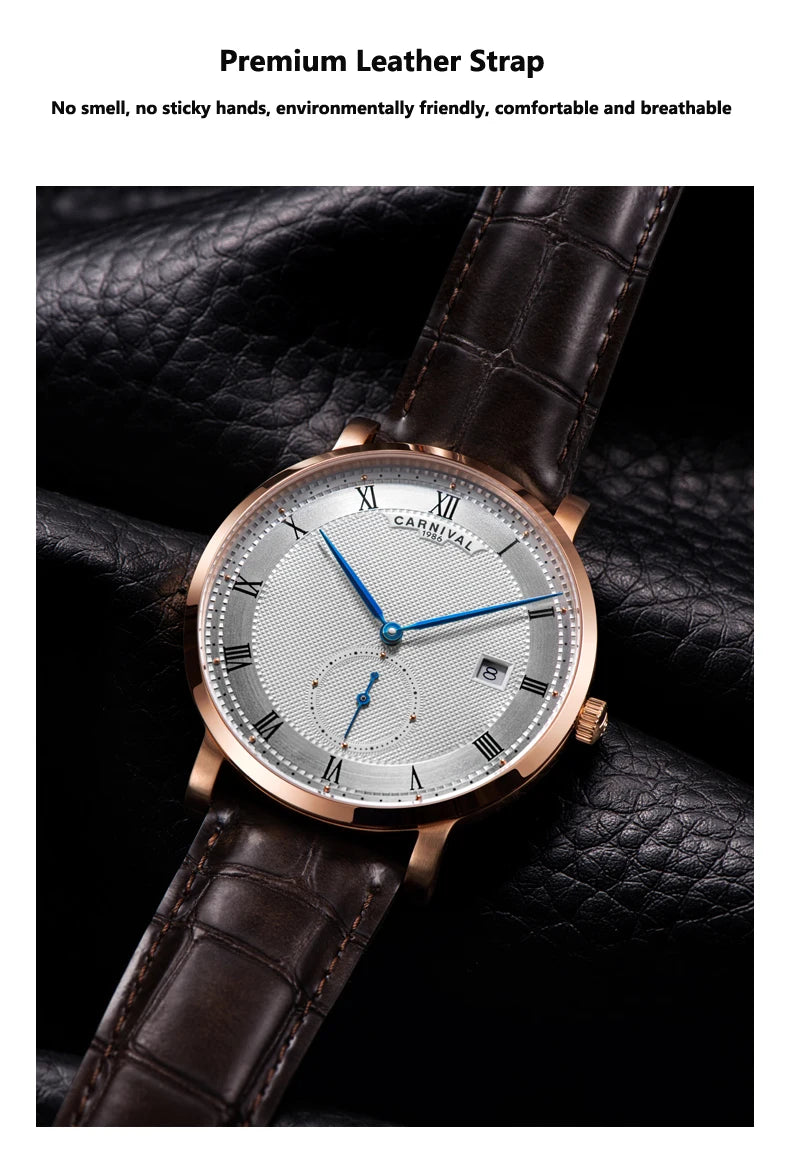 CARNIVAL Fashion Simple Automatic Mechanical Watches Men  Waterproof Watch Rose Gold Leather New