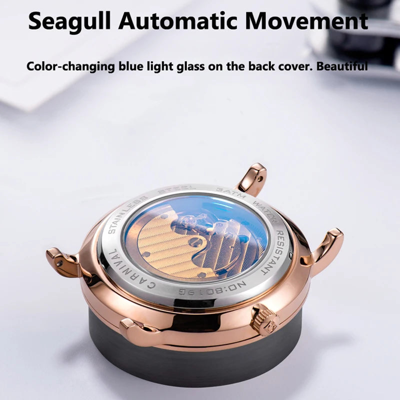 CARNIVAL Fashion Simple Automatic Mechanical Watches Men  Waterproof Watch Rose Gold Leather New