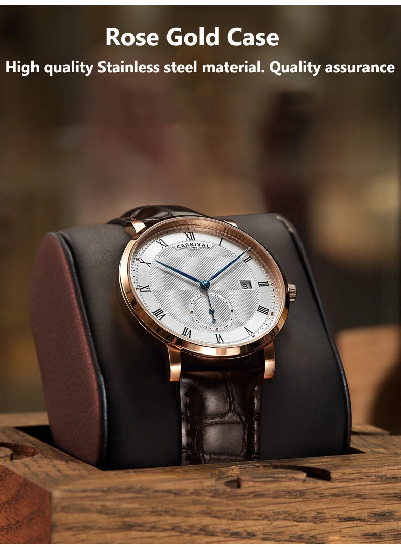 CARNIVAL Fashion Simple Automatic Mechanical Watches Men  Waterproof Watch Rose Gold Leather New