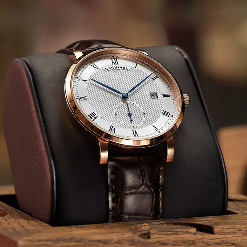 CARNIVAL Fashion Simple Automatic Mechanical Watches Men  Waterproof Watch Rose Gold Leather New