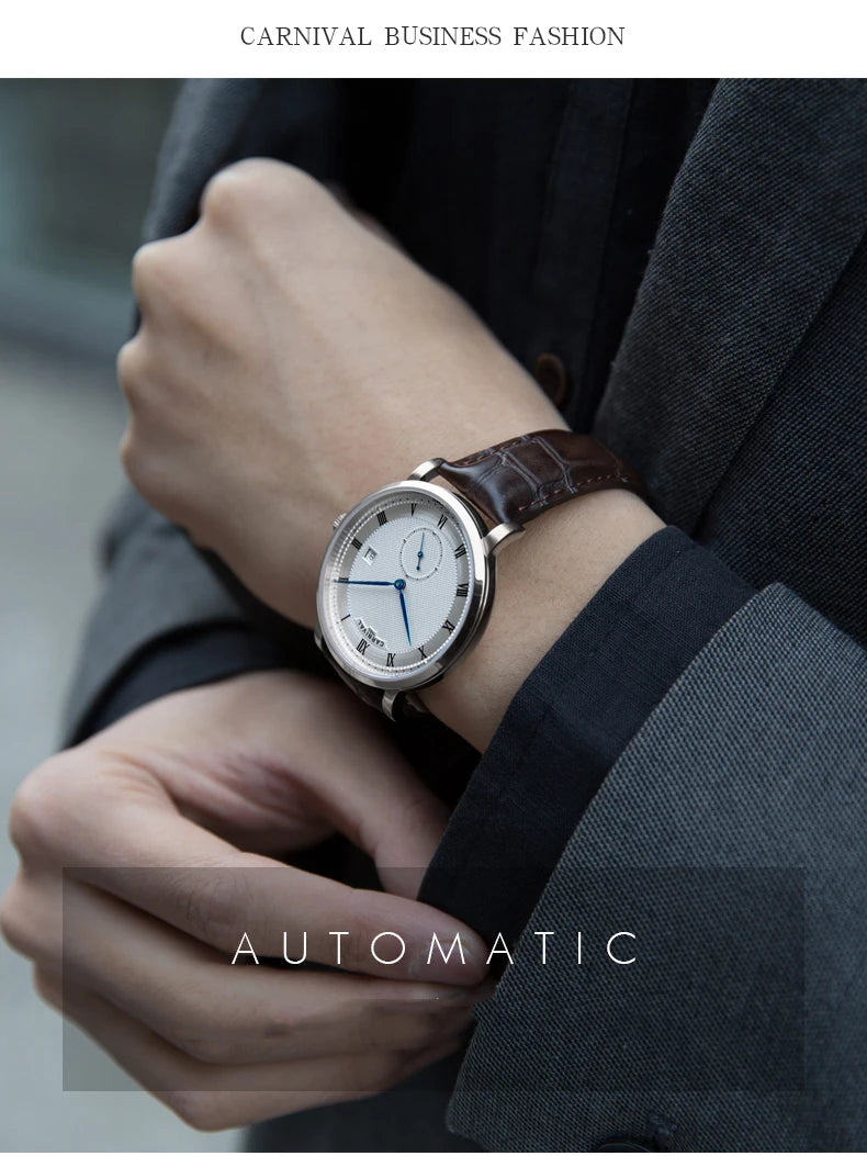 CARNIVAL Fashion Simple Automatic Mechanical Watches Men  Waterproof Watch Rose Gold Leather New