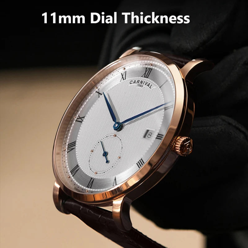 CARNIVAL Fashion Simple Automatic Mechanical Watches Men  Waterproof Watch Rose Gold Leather New